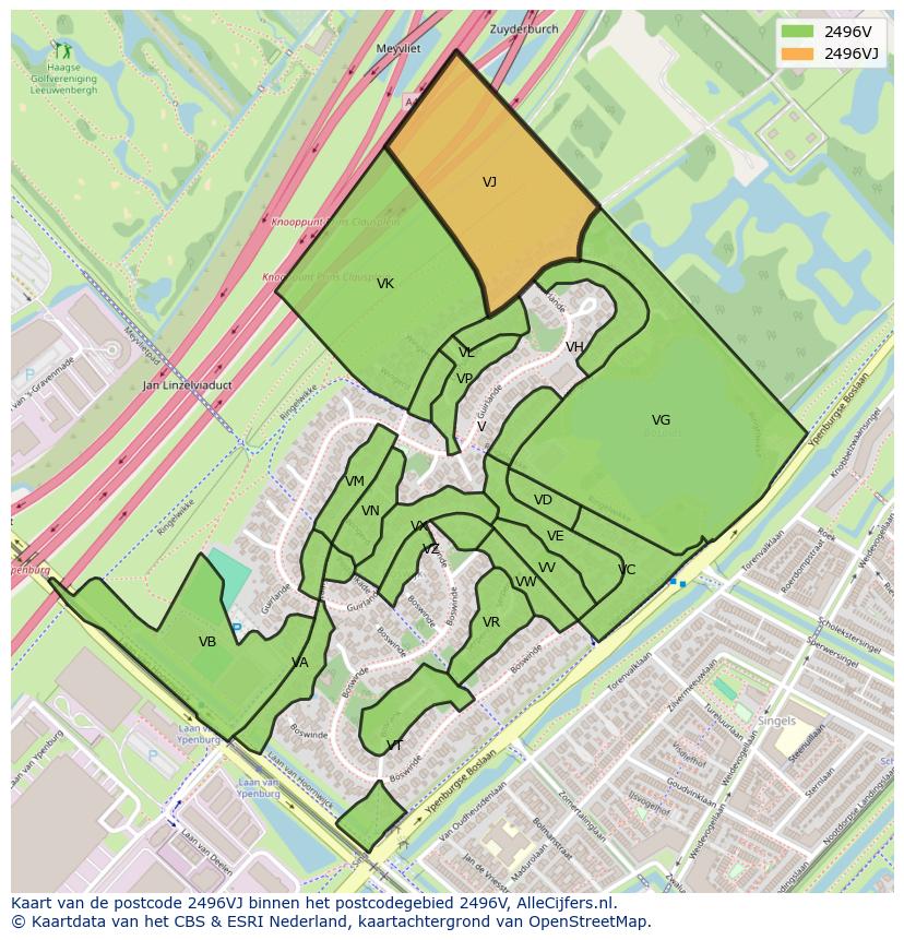 Afbeelding van het postcodegebied 2496 VJ op de kaart.