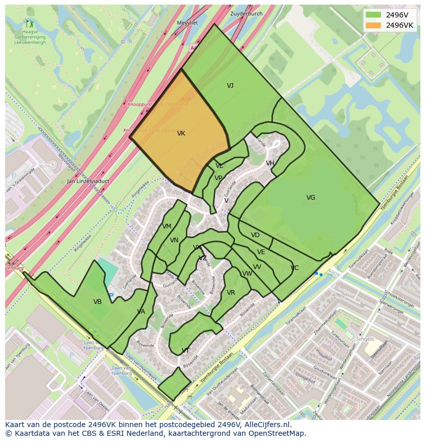 Afbeelding van het postcodegebied 2496 VK op de kaart.