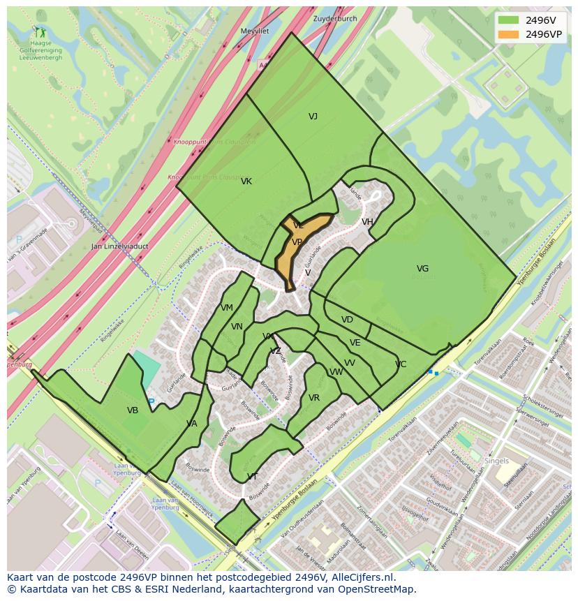 Afbeelding van het postcodegebied 2496 VP op de kaart.