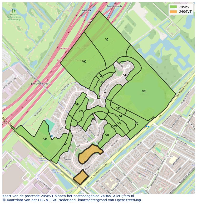 Afbeelding van het postcodegebied 2496 VT op de kaart.