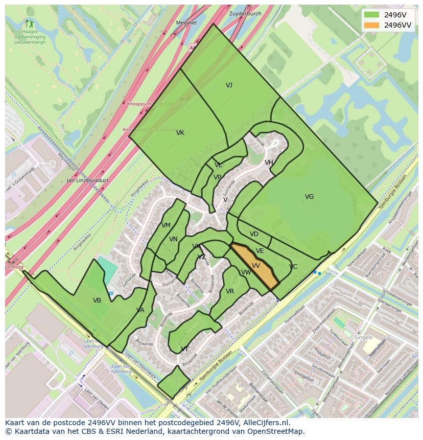Afbeelding van het postcodegebied 2496 VV op de kaart.