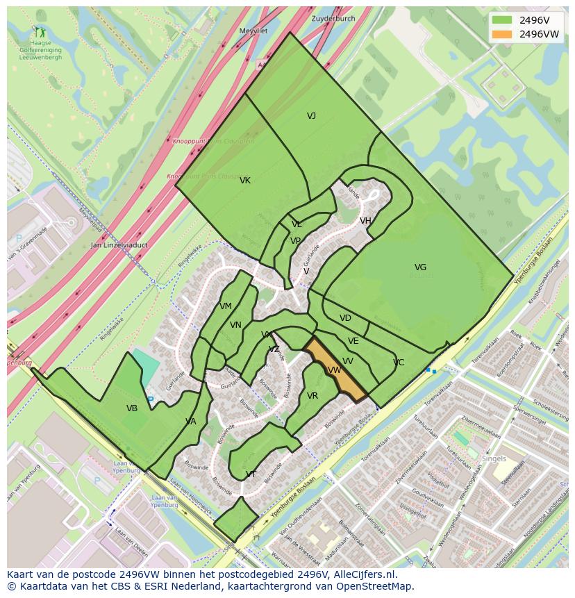 Afbeelding van het postcodegebied 2496 VW op de kaart.
