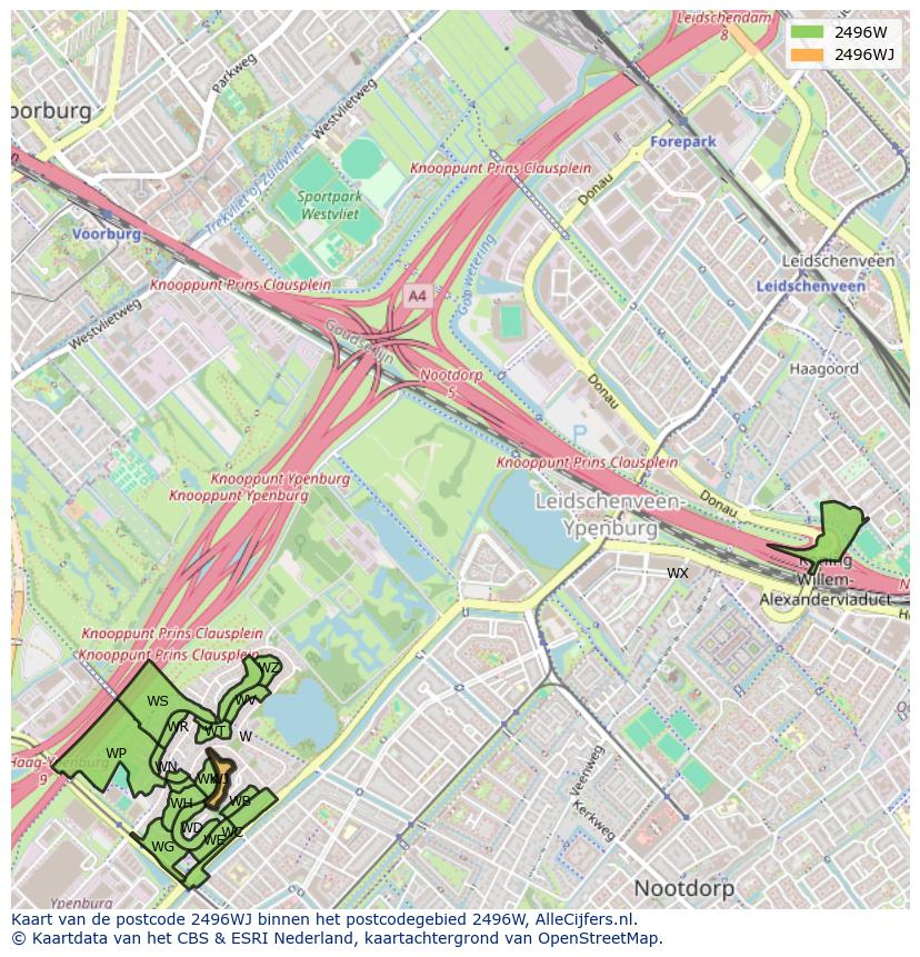 Afbeelding van het postcodegebied 2496 WJ op de kaart.