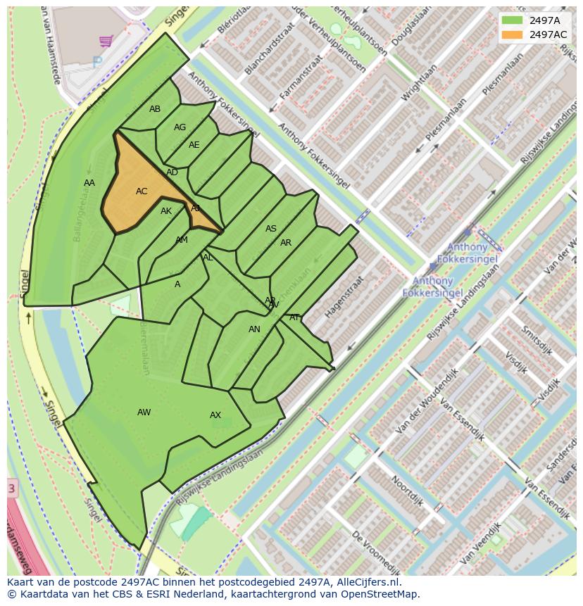 Afbeelding van het postcodegebied 2497 AC op de kaart.