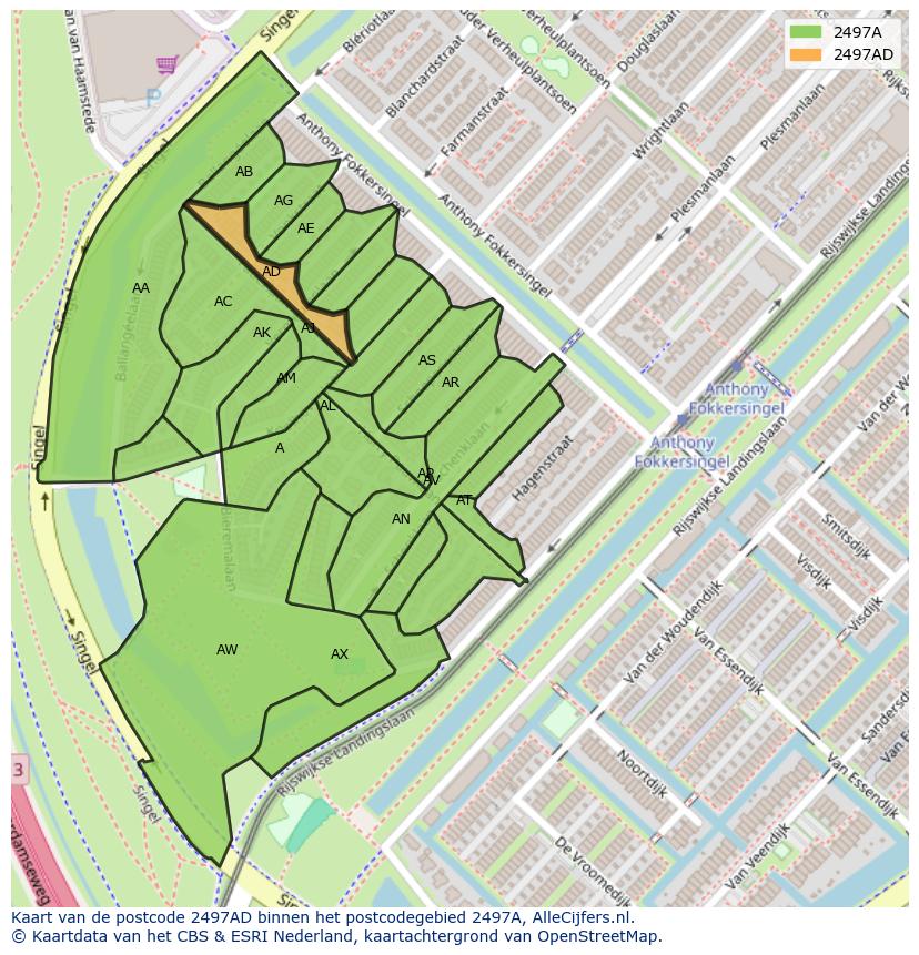 Afbeelding van het postcodegebied 2497 AD op de kaart.