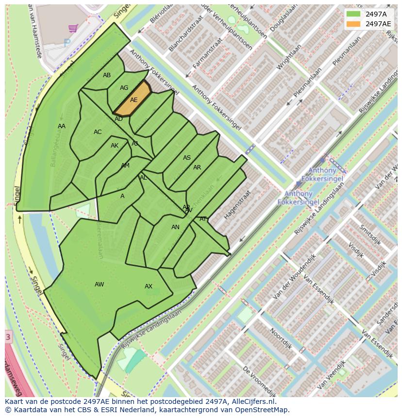Afbeelding van het postcodegebied 2497 AE op de kaart.