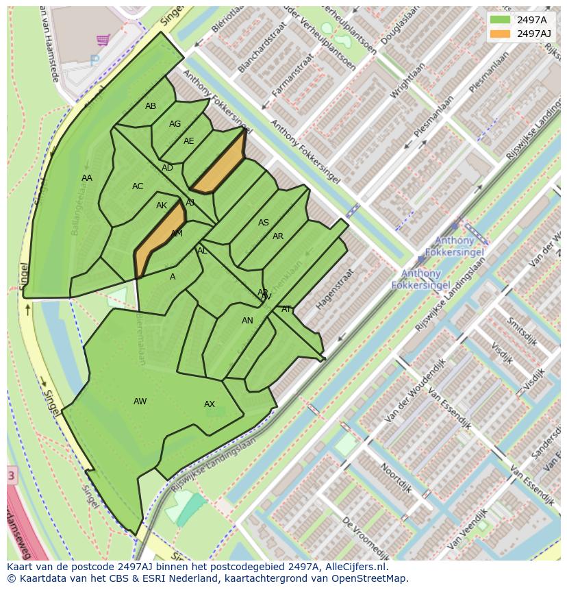 Afbeelding van het postcodegebied 2497 AJ op de kaart.
