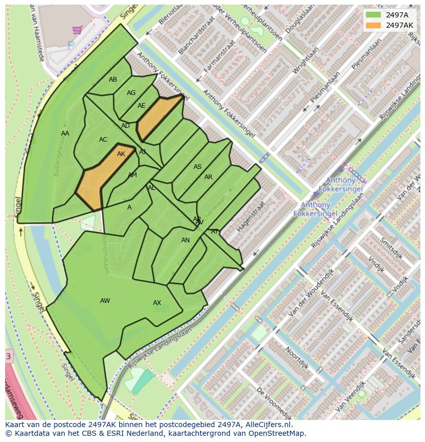 Afbeelding van het postcodegebied 2497 AK op de kaart.