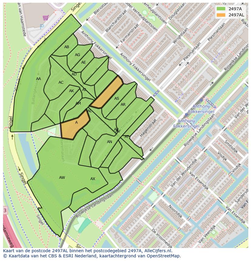Afbeelding van het postcodegebied 2497 AL op de kaart.