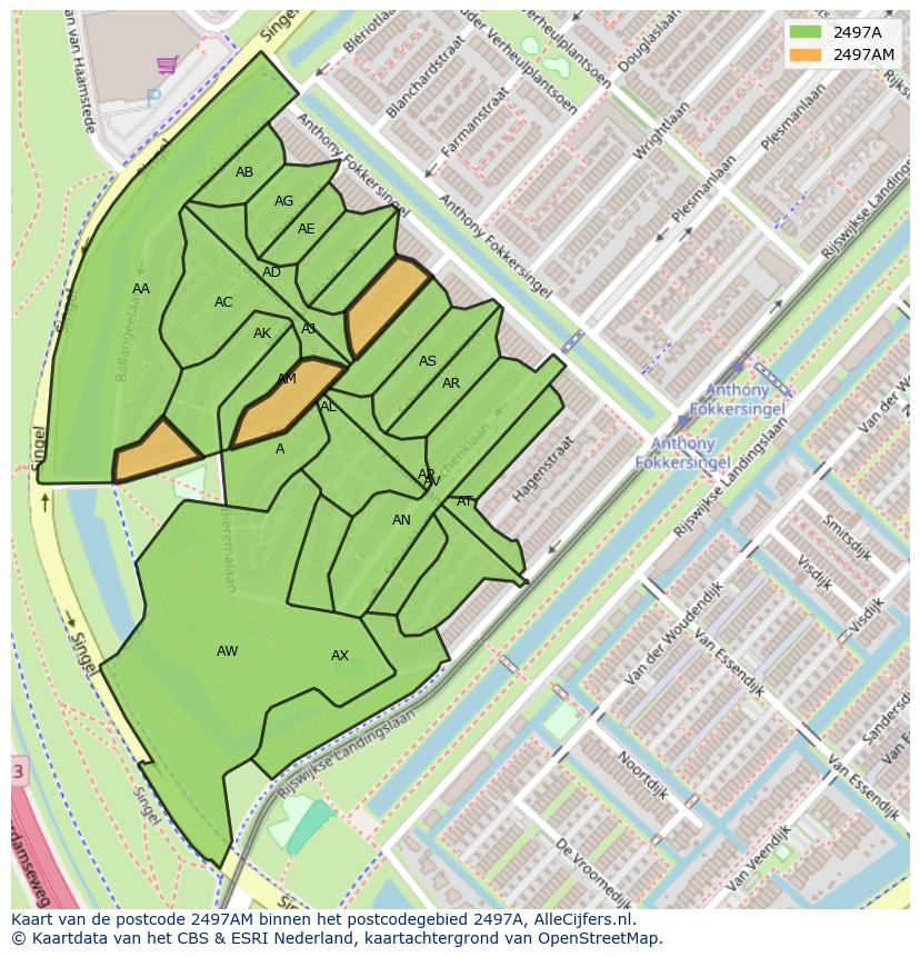 Afbeelding van het postcodegebied 2497 AM op de kaart.