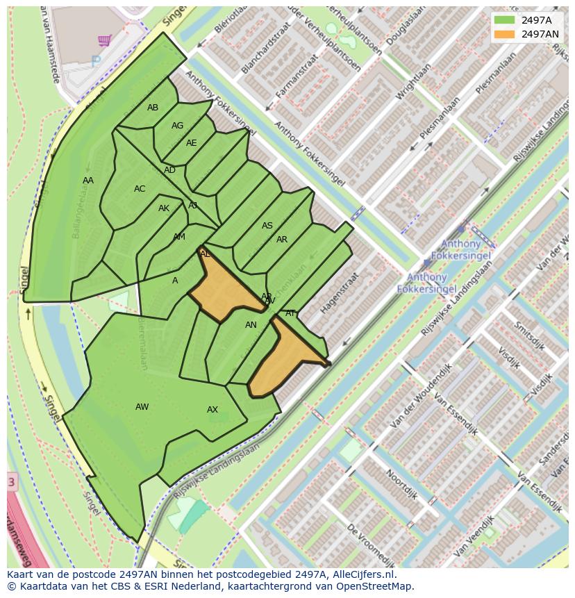 Afbeelding van het postcodegebied 2497 AN op de kaart.