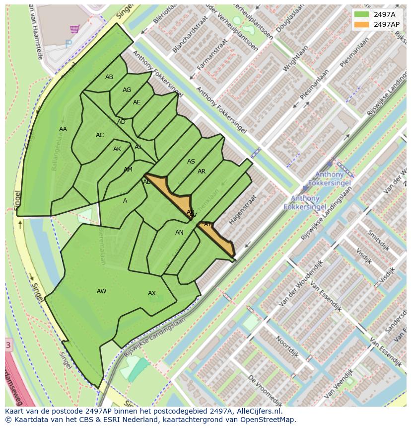 Afbeelding van het postcodegebied 2497 AP op de kaart.