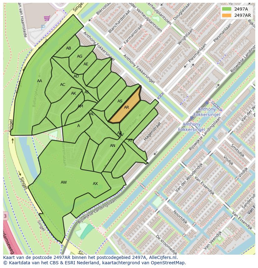 Afbeelding van het postcodegebied 2497 AR op de kaart.