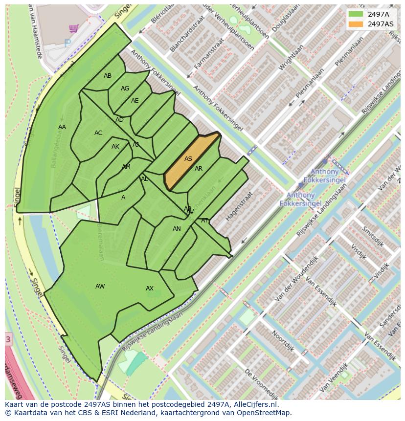 Afbeelding van het postcodegebied 2497 AS op de kaart.