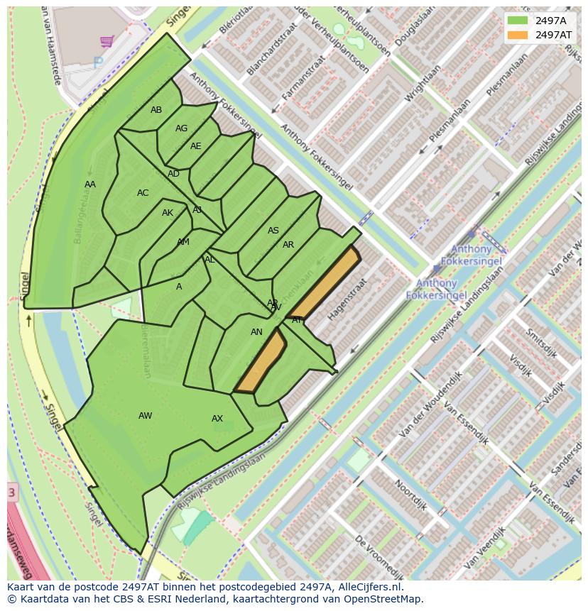 Afbeelding van het postcodegebied 2497 AT op de kaart.