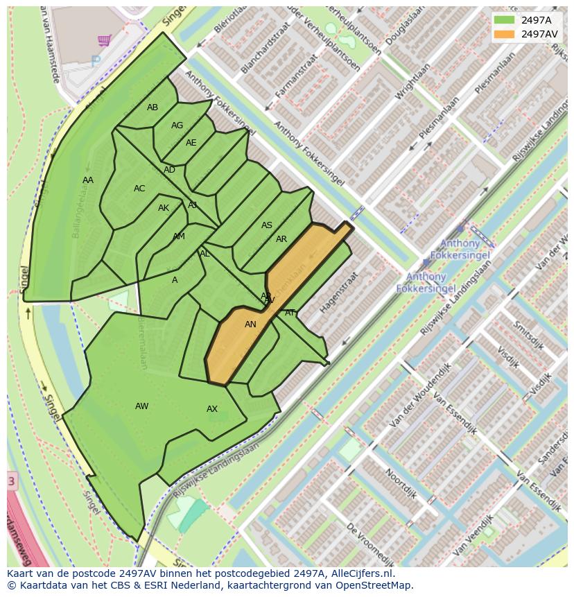 Afbeelding van het postcodegebied 2497 AV op de kaart.