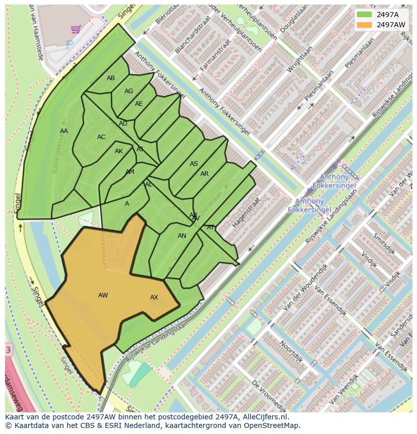 Afbeelding van het postcodegebied 2497 AW op de kaart.