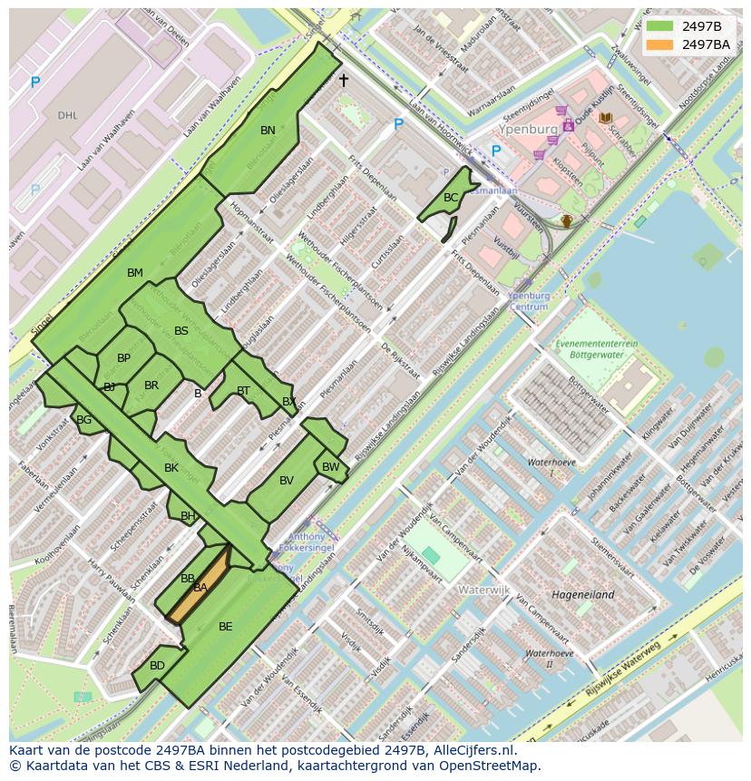 Afbeelding van het postcodegebied 2497 BA op de kaart.