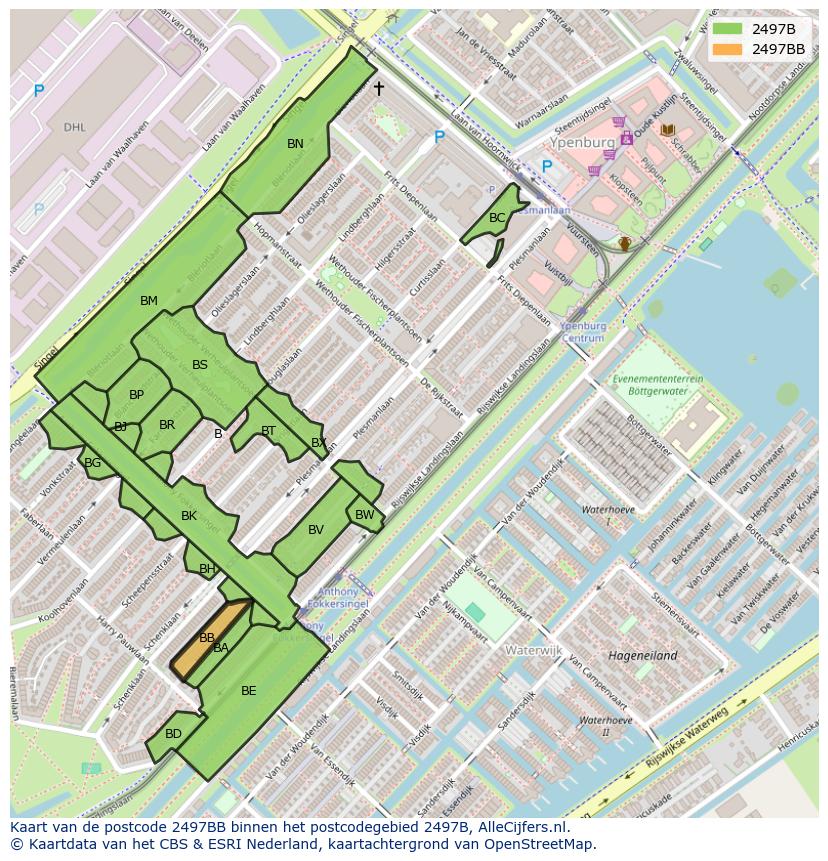 Afbeelding van het postcodegebied 2497 BB op de kaart.