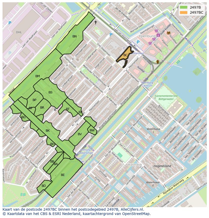 Afbeelding van het postcodegebied 2497 BC op de kaart.