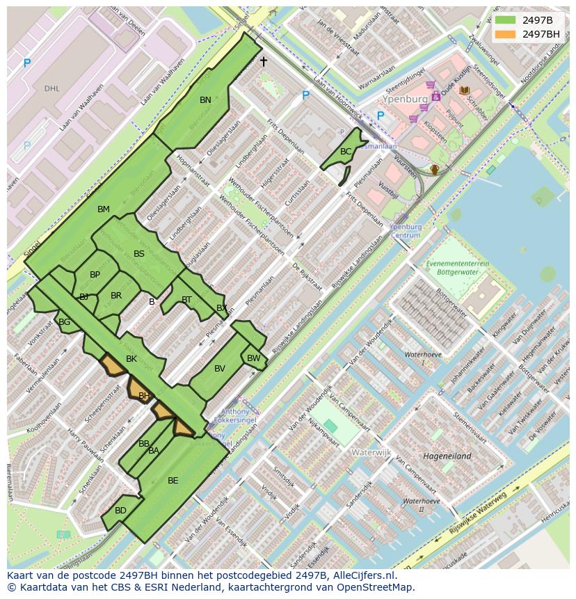Afbeelding van het postcodegebied 2497 BH op de kaart.