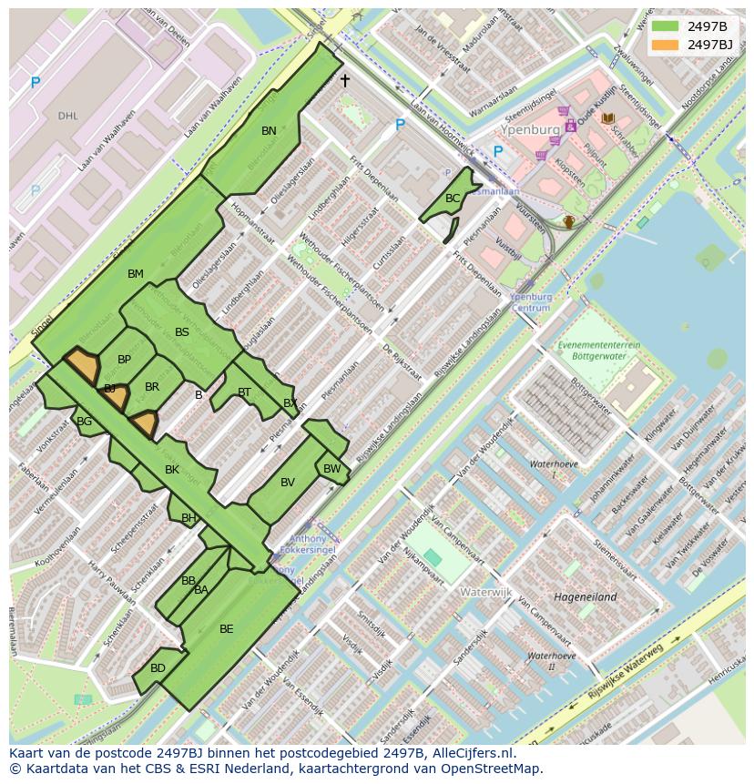 Afbeelding van het postcodegebied 2497 BJ op de kaart.