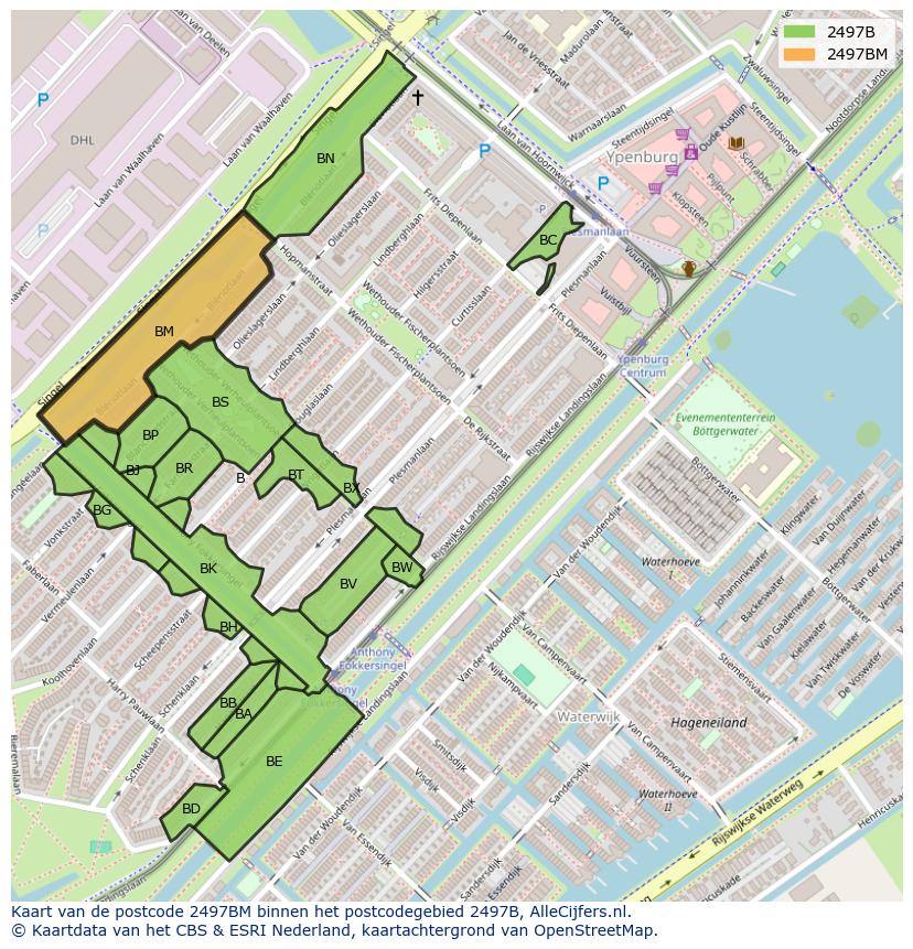 Afbeelding van het postcodegebied 2497 BM op de kaart.