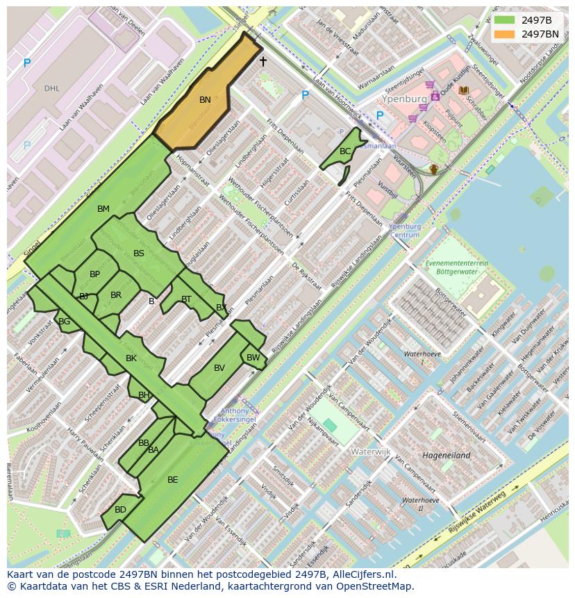 Afbeelding van het postcodegebied 2497 BN op de kaart.