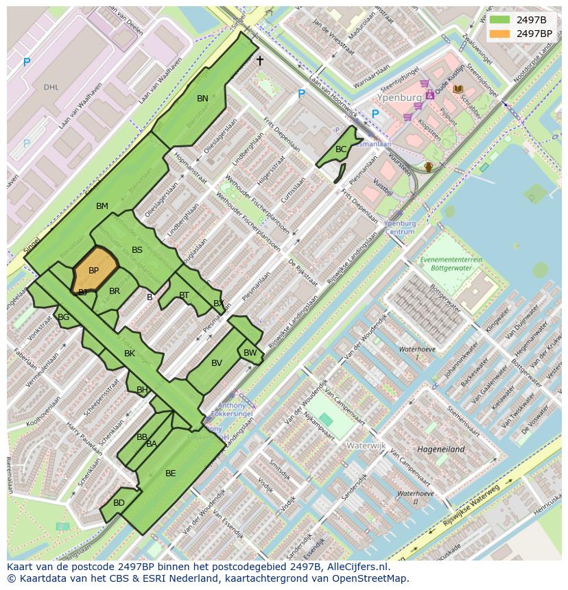 Afbeelding van het postcodegebied 2497 BP op de kaart.