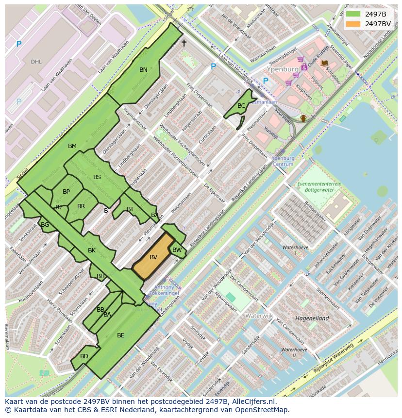 Afbeelding van het postcodegebied 2497 BV op de kaart.