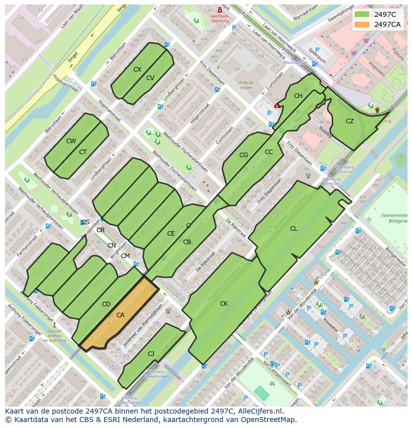 Afbeelding van het postcodegebied 2497 CA op de kaart.