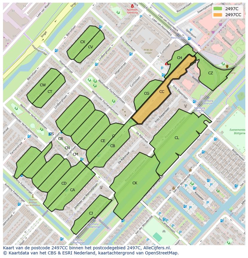 Afbeelding van het postcodegebied 2497 CC op de kaart.