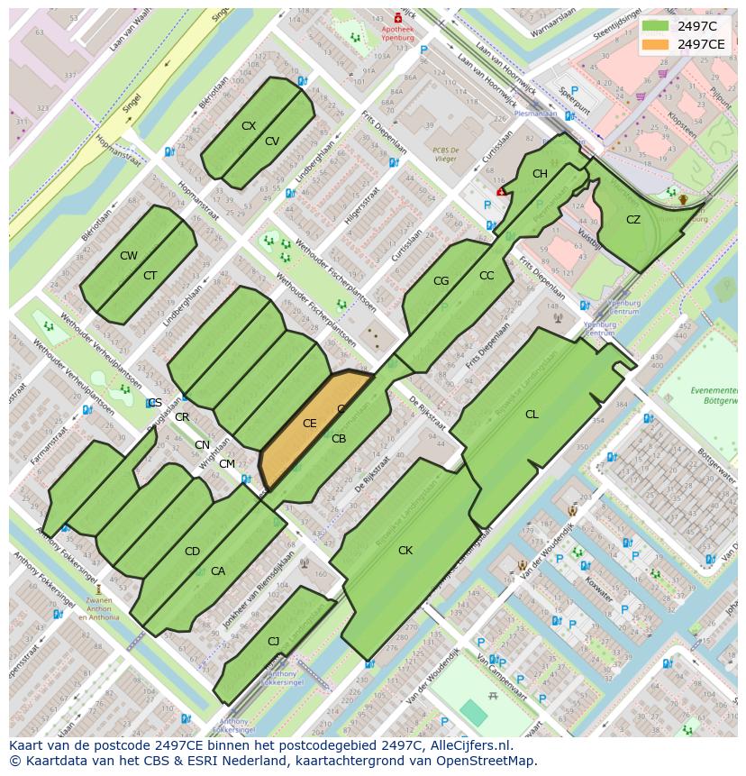 Afbeelding van het postcodegebied 2497 CE op de kaart.