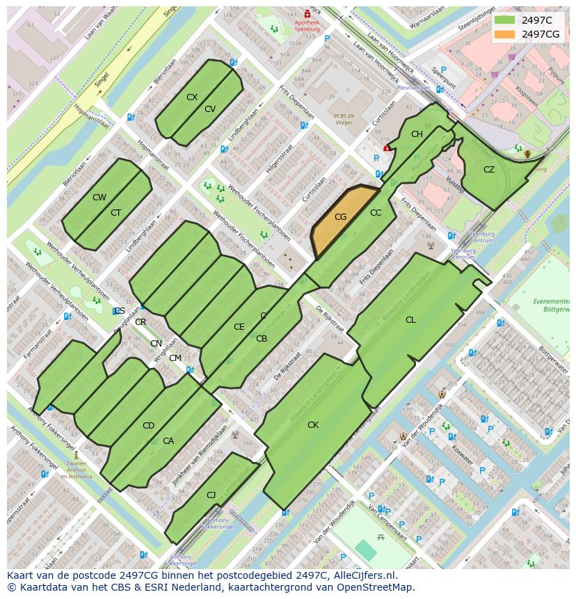 Afbeelding van het postcodegebied 2497 CG op de kaart.