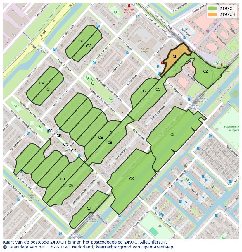 Afbeelding van het postcodegebied 2497 CH op de kaart.