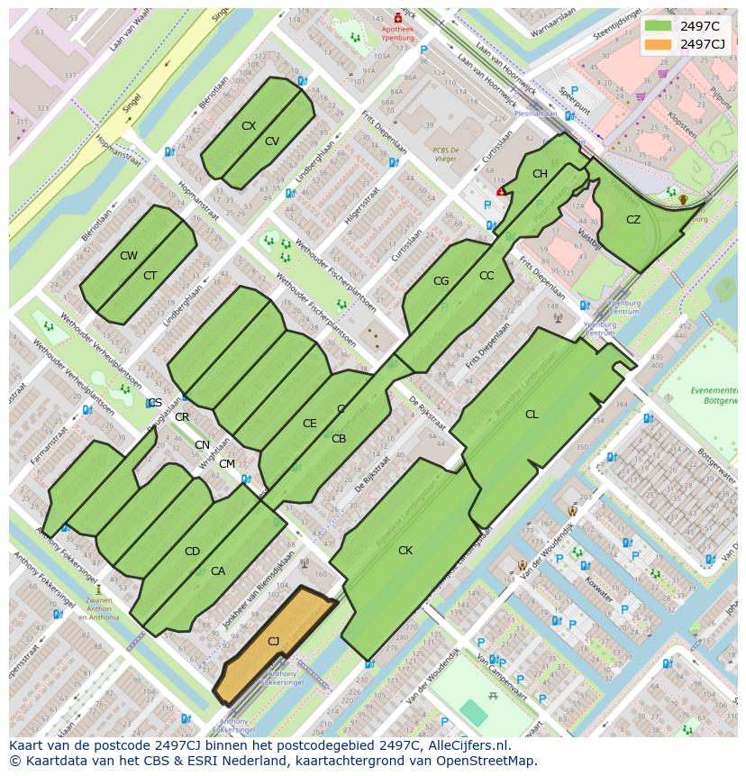 Afbeelding van het postcodegebied 2497 CJ op de kaart.