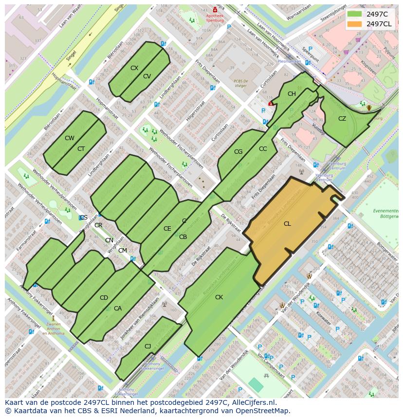 Afbeelding van het postcodegebied 2497 CL op de kaart.