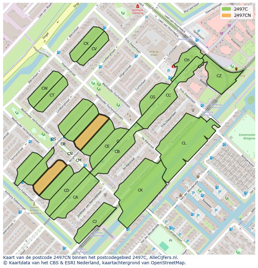 Afbeelding van het postcodegebied 2497 CN op de kaart.