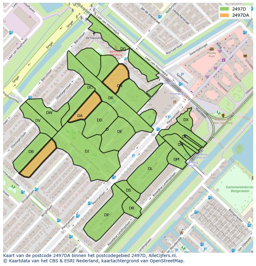 Afbeelding van het postcodegebied 2497 DA op de kaart.