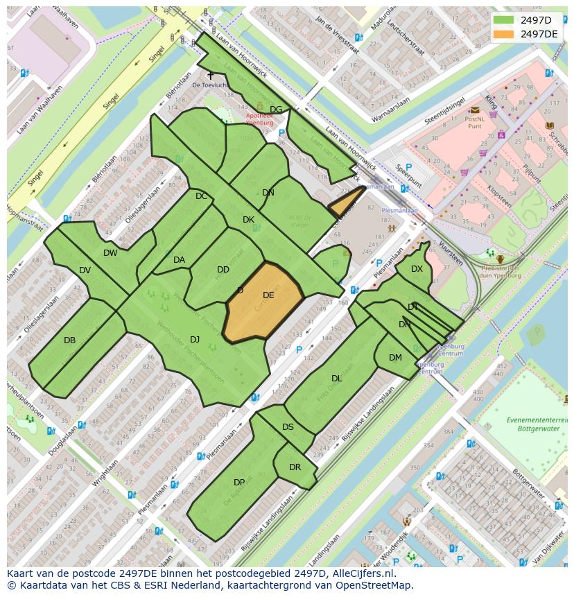 Afbeelding van het postcodegebied 2497 DE op de kaart.