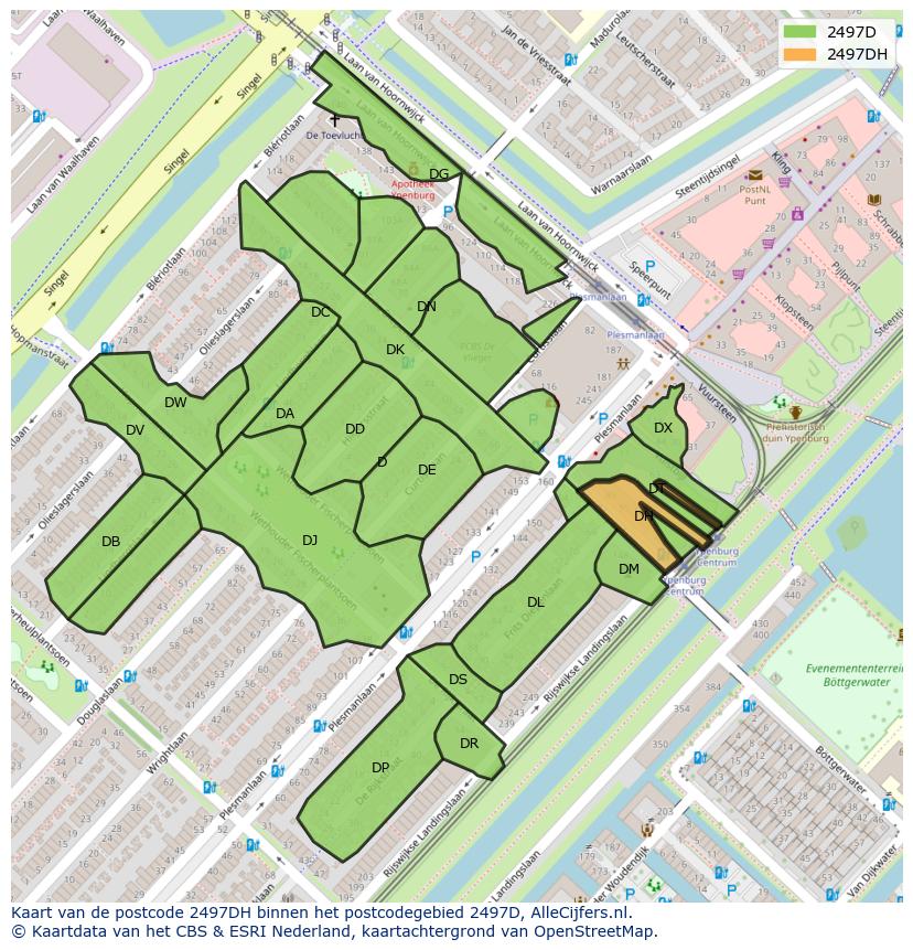 Afbeelding van het postcodegebied 2497 DH op de kaart.