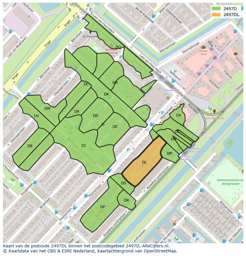 Afbeelding van het postcodegebied 2497 DL op de kaart.