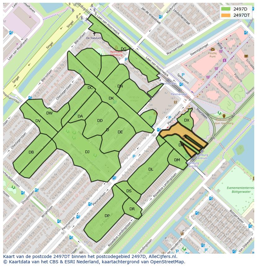 Afbeelding van het postcodegebied 2497 DT op de kaart.