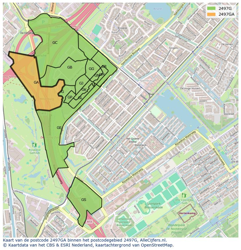Afbeelding van het postcodegebied 2497 GA op de kaart.