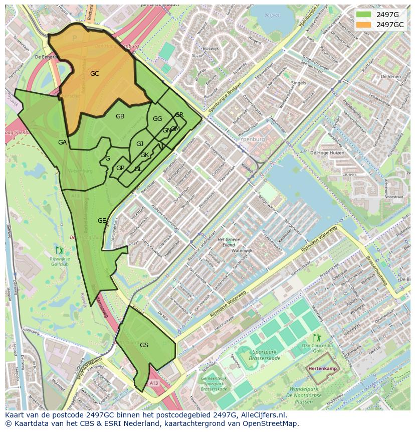 Afbeelding van het postcodegebied 2497 GC op de kaart.