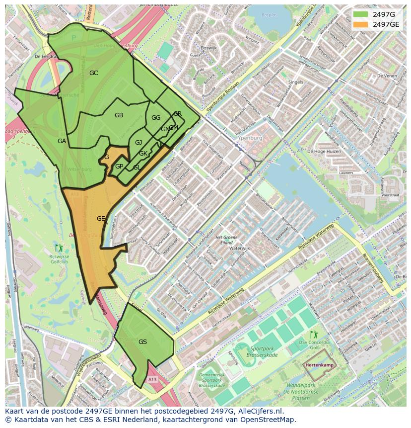 Afbeelding van het postcodegebied 2497 GE op de kaart.