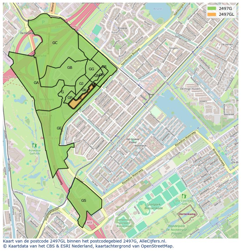 Afbeelding van het postcodegebied 2497 GL op de kaart.