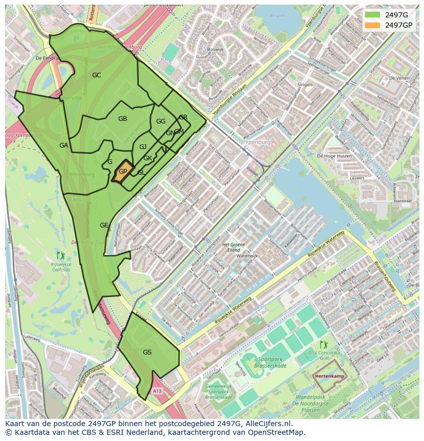 Afbeelding van het postcodegebied 2497 GP op de kaart.