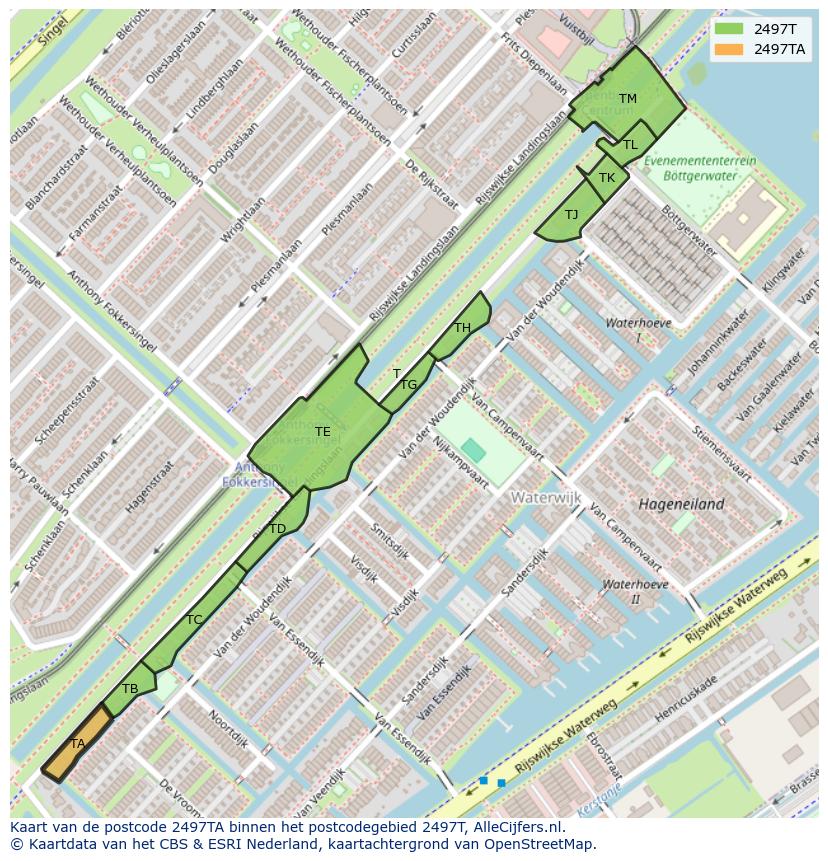 Afbeelding van het postcodegebied 2497 TA op de kaart.
