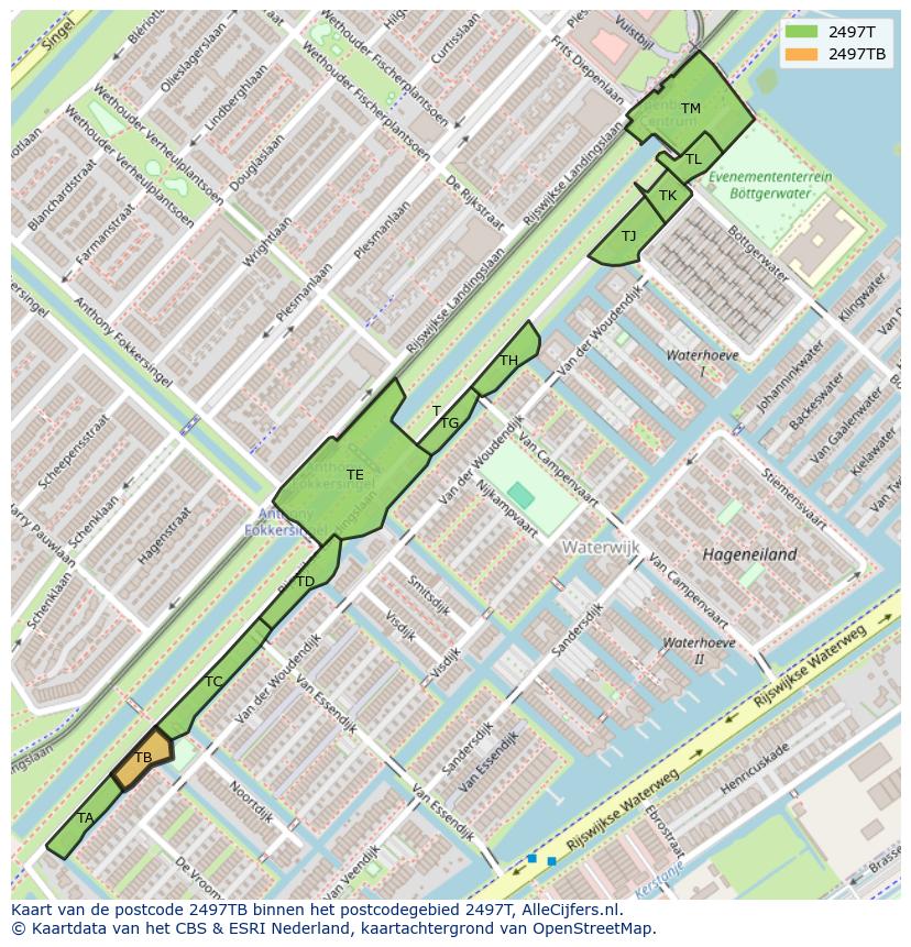 Afbeelding van het postcodegebied 2497 TB op de kaart.